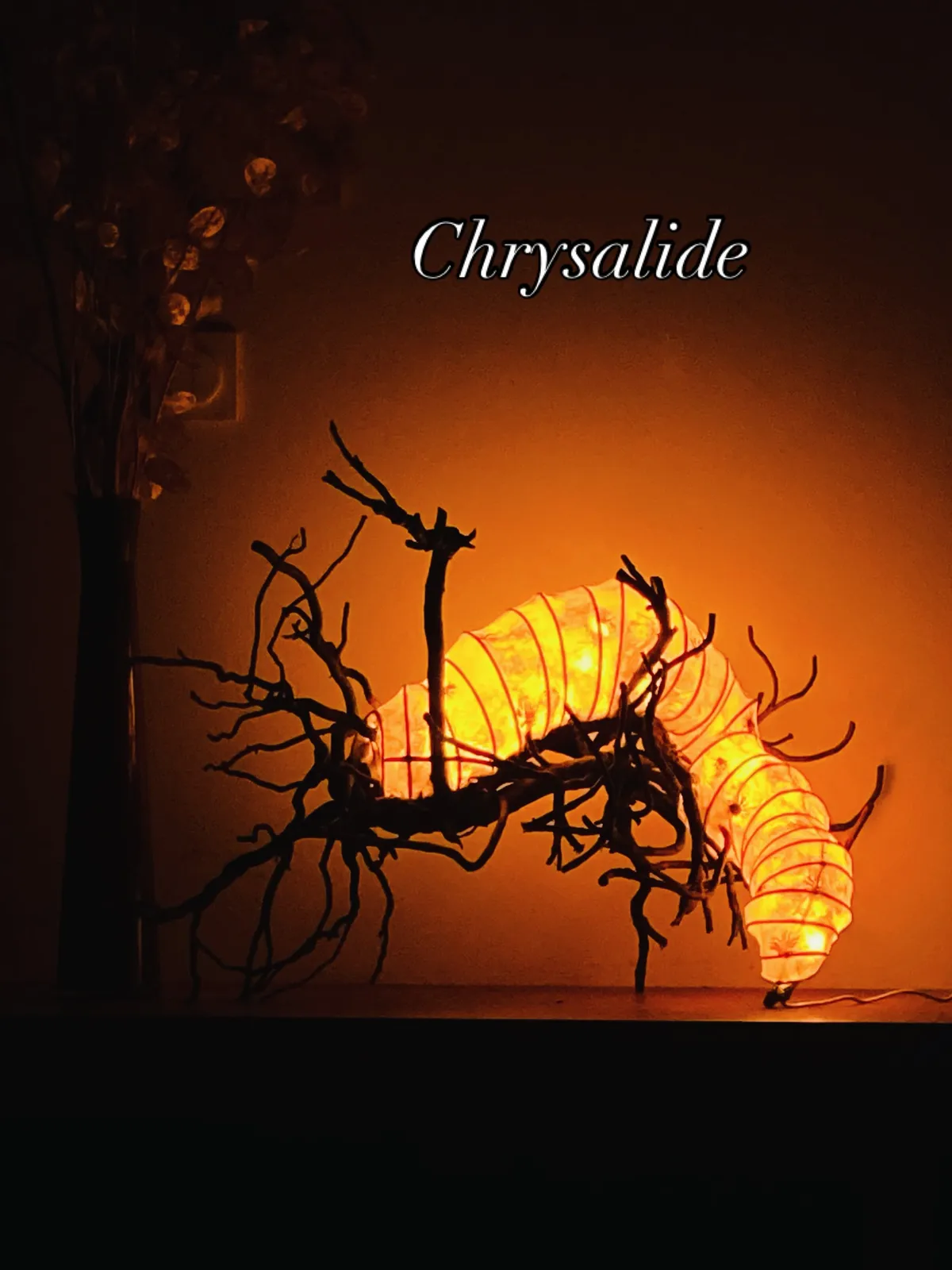 Abyssia. sculpture lumineuse création d'un cocon sur une racine .