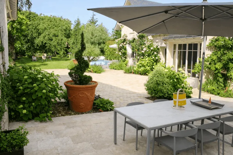 Terrasse travertin et jardin paysager