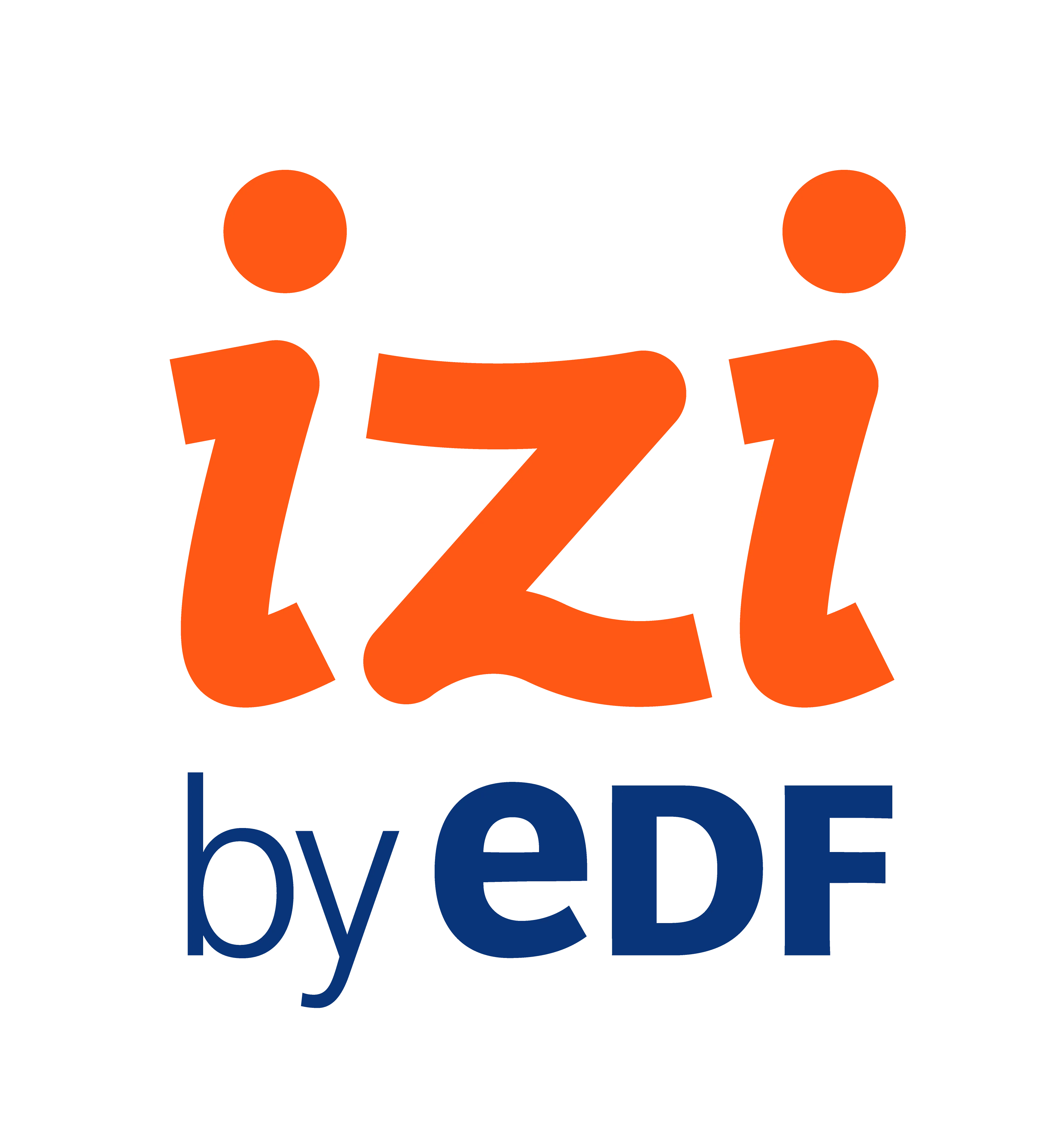Logo IZI by EDF, de format carré, IZI en lettres capitales de couleur orange vif, en dessous by edf en minuscules de couleur bleu foncé